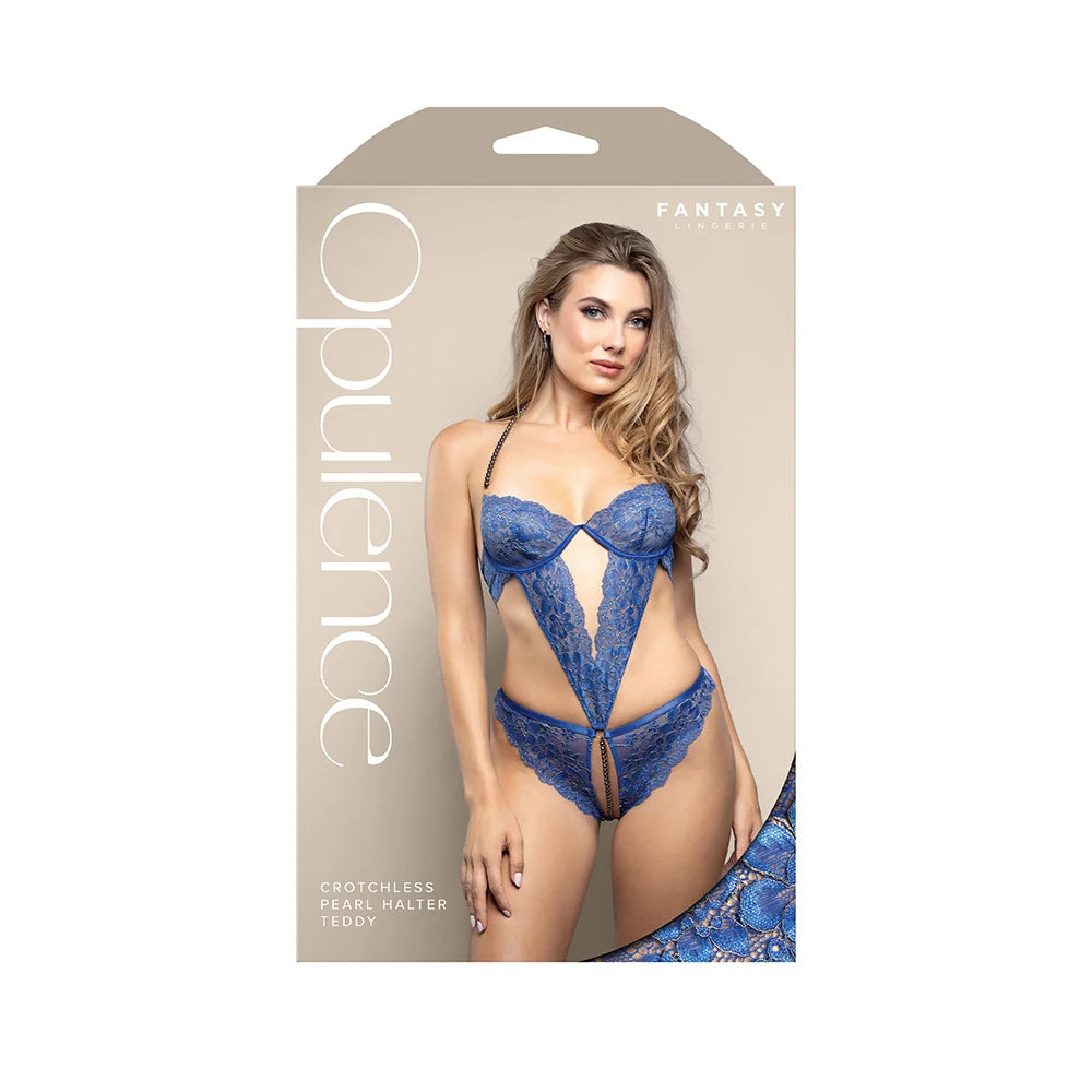 Fantasy Lingerie Opulence Pearl Halter Open Crotch Teddy with Adjustable Pearl String Royal Blue