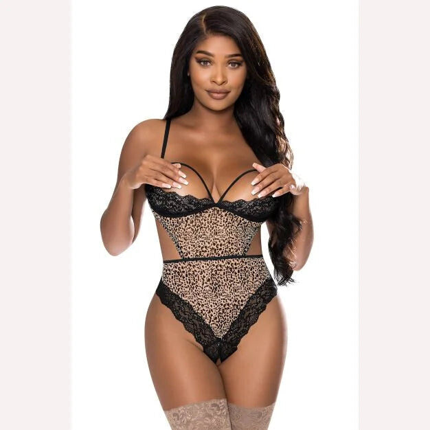 Purrfect Half Cup Teddy W/ Split Crotch Leopard S/m Intimates Adult Boutique