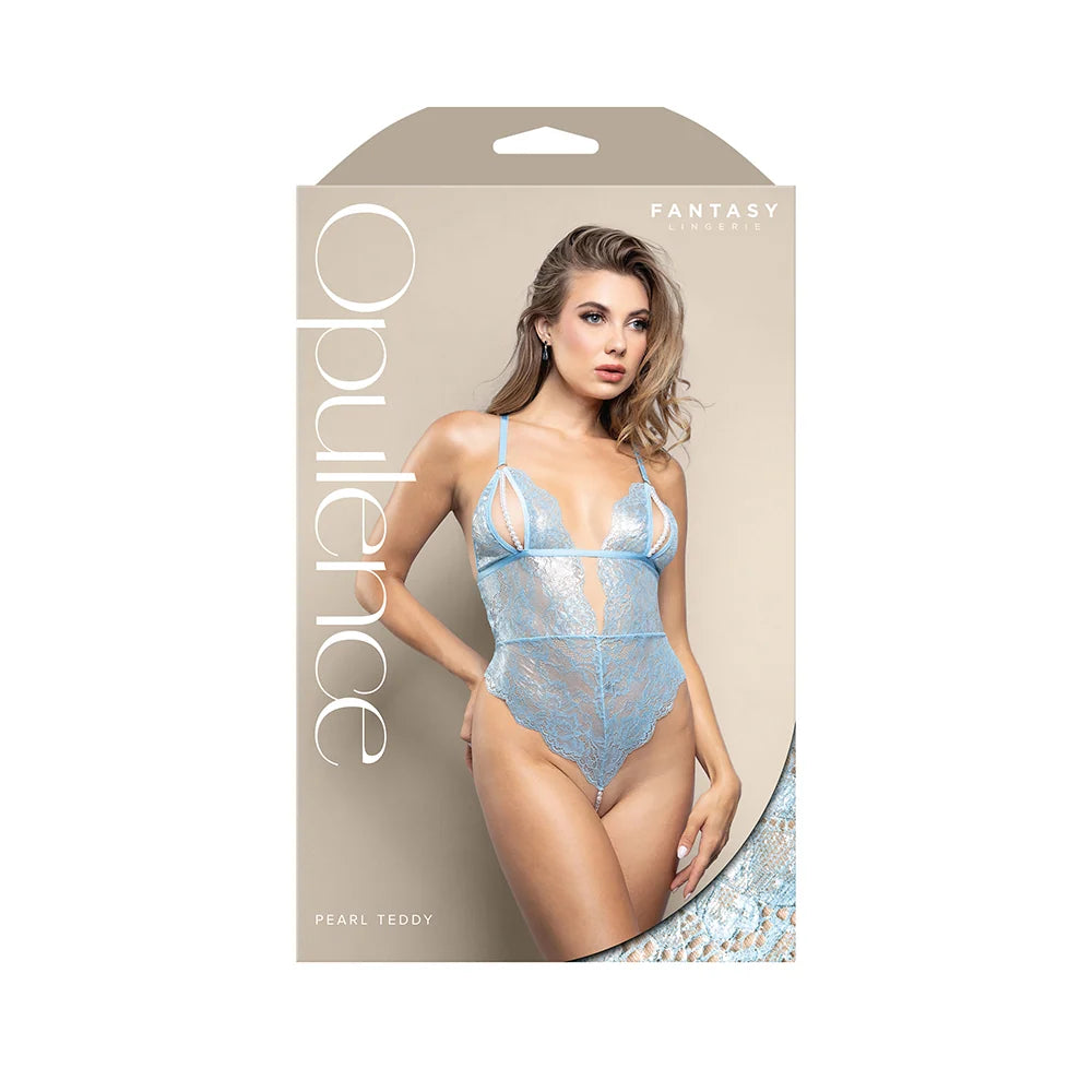 Fantasy Lingerie Opulence Split Pearl Cup Open-Back Teddy with Pearl String Crotch Light Blue