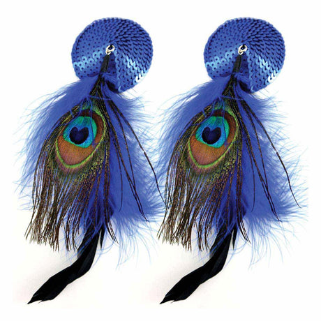 Bijoux de Nip Round Blue Sequin Pasties w- Feathers Intimates Adult Boutique