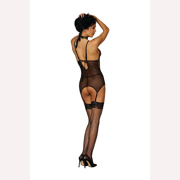 Diamond Mesh Garter Slip W/ Ruching Black O/s Intimates Adult Boutique