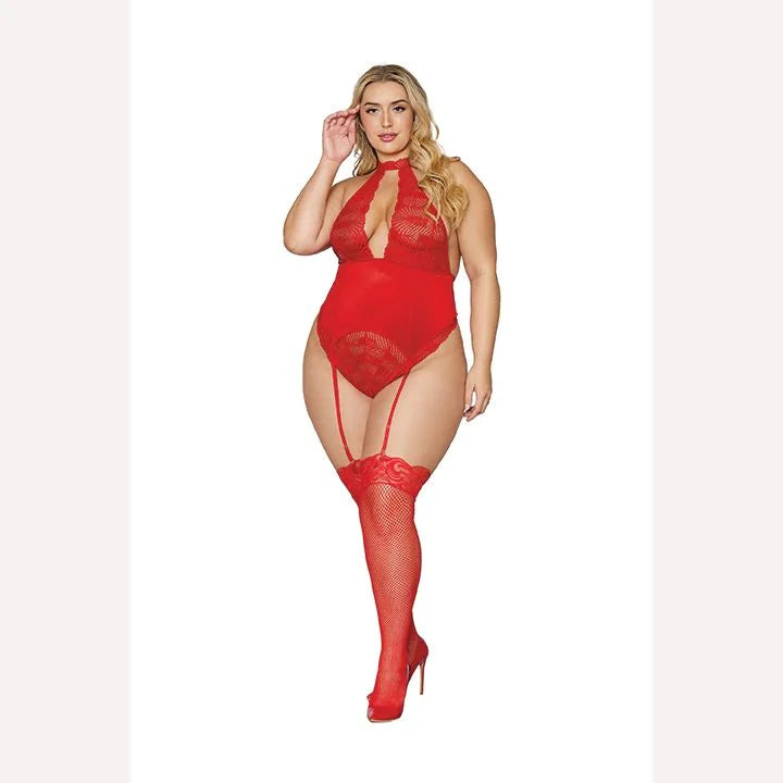 Stretch Lace & Velvet Garter Teddy Lipstick Red Q/s Intimates Adult Boutique