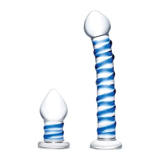Glas 2pc Douple Penetration Glass Swirly Dildo & Butt Plug Set Intimates Adult Boutique