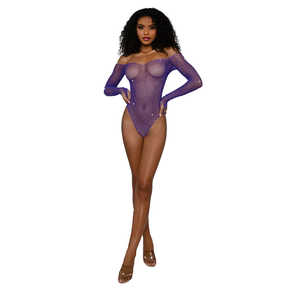Dreamgirl Rhinestone Off Shoulder Bodystocking Teddy Ultra Violet