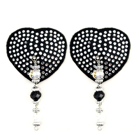 Bijoux de Nip Heart Black Crystal Pasties w- Beads Intimates Adult Boutique