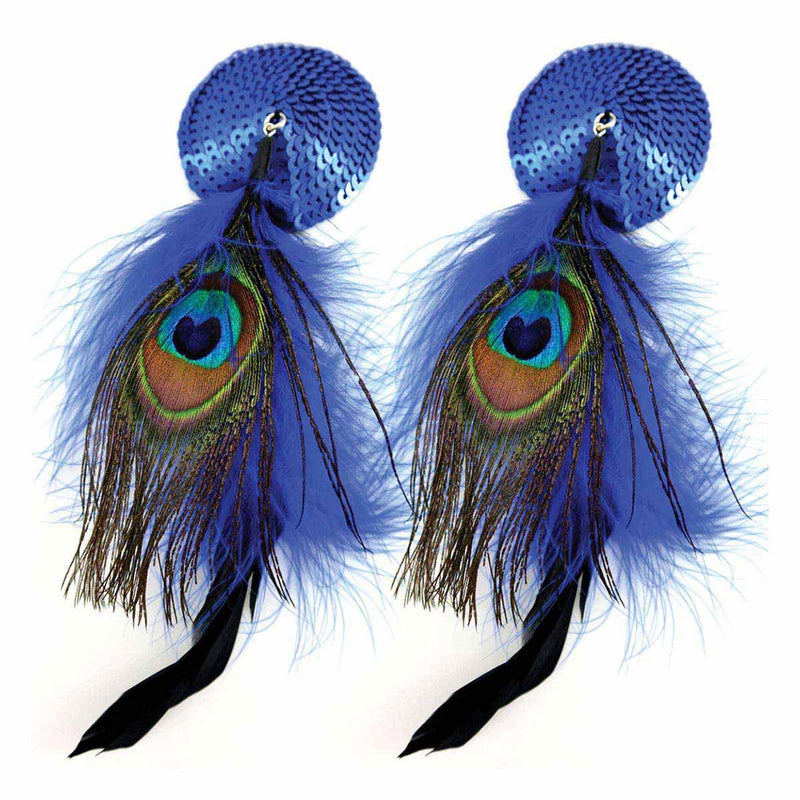Bijoux de Nip Round Blue Sequin Pasties w- Feathers