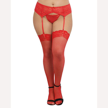 Fishnet Thigh Highs W/ Lace Top Red Q/s Intimates Adult Boutique