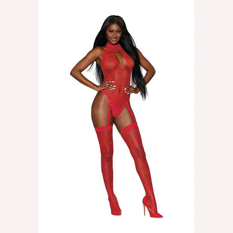 Seamless Heart Fishnet Bodystocking Lipstick Red O/s Intimates Adult Boutique