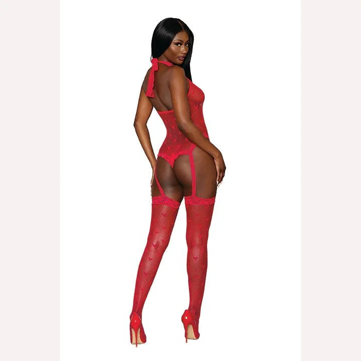 Seamless Heart Fishnet Bodystocking Lipstick Red O/s Intimates Adult Boutique