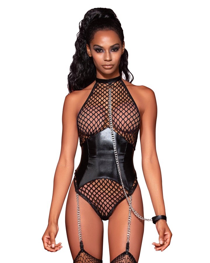 Fishnet Halter Teddy W/ Faux Leather Corset Black O/s Intimates Adult Boutique