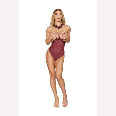 Sheer Venise Applique Teddy W/ Open Back & Cups Burgundy O/s Intimates Adult Boutique