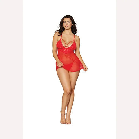 Lace & Mesh Babydoll & G- String Set Lipstick Red O/s Intimates Adult Boutique