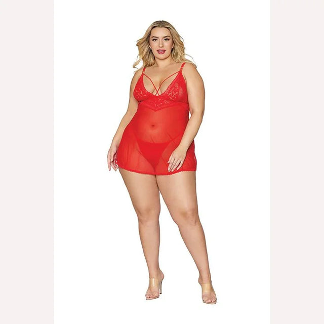 Lace & Mesh Babydoll & G- String Set Lipstick Red Q/s Intimates Adult Boutique