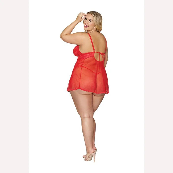 Lace & Mesh Babydoll & G- String Set Lipstick Red Q/s Intimates Adult Boutique