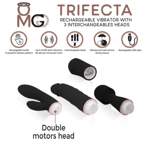 Trifecta Rechargeable Vibrator W- 3 Interchangeable Heads Black Intimates Adult Boutique