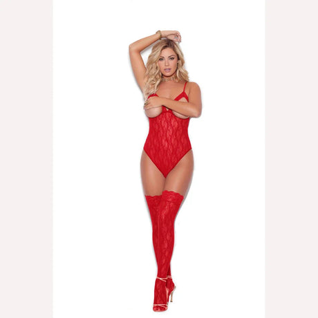 Cupless Stretch Lace Teddy W/ Thigh Hi's Red O/s Intimates Adult Boutique