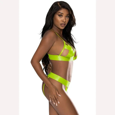 Strap Tease Bra & Crotchless Panty Neon Yellow L/xl Intimates Adult Boutique