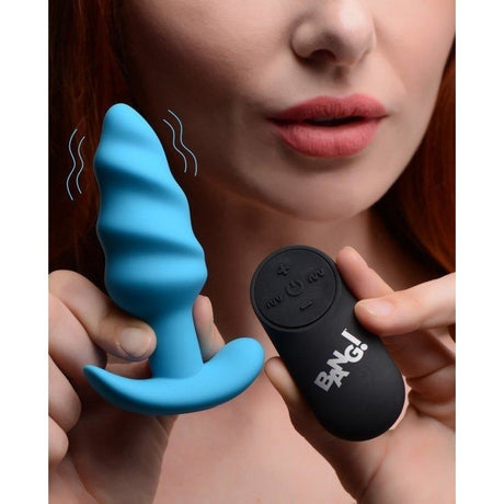 Bang! 21x Vibrating Silicone Swirl Butt Plug W- Remote Blue Intimates Adult Boutique