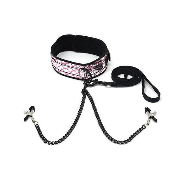 Collar W- Nipple Clamps- Faux Leather Pink Intimates Adult Boutique