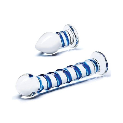 Glas 2pc Douple Penetration Glass Swirly Dildo & Butt Plug Set Electric / Hustler Lingerie Anal Toys