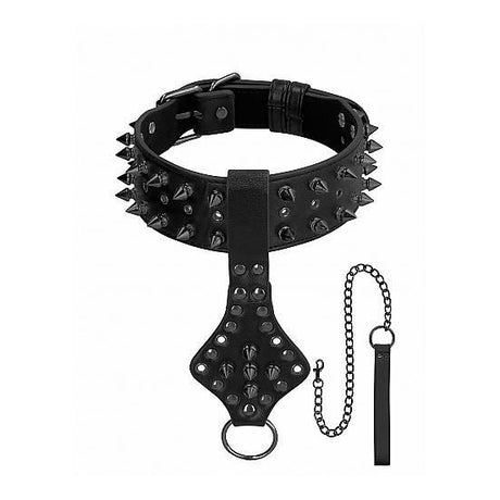 Ouch! Skulls & Bones Neck Chain W- Spikes And Leash Black Intimates Adult Boutique